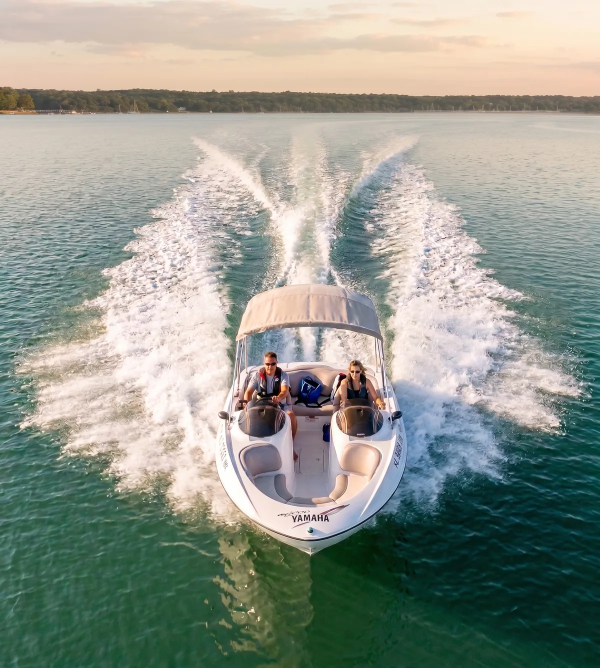 Aerial view of Yamaha twin jet boat in Oyster Bay harbor